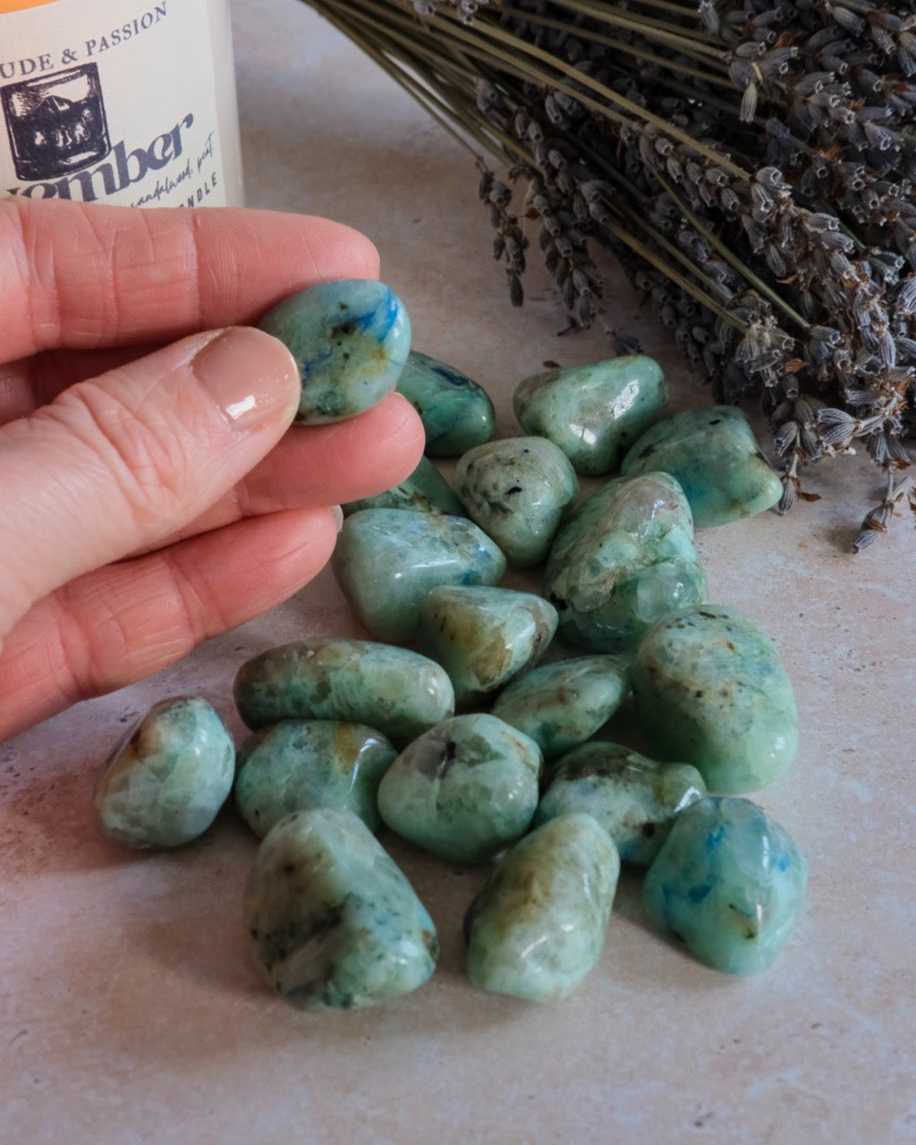 Azurite with Green Moonstone Tumblestones